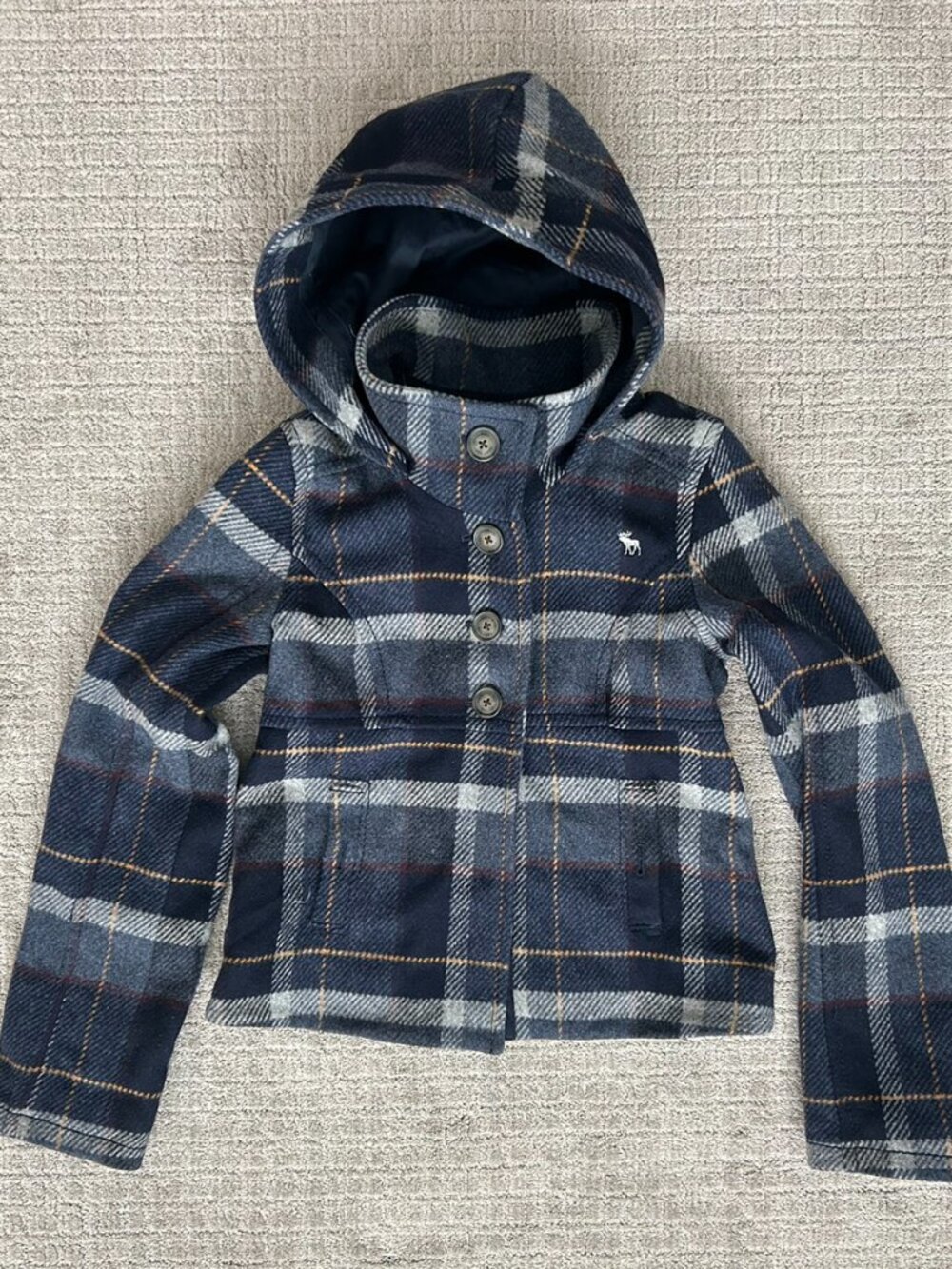 Abercrombie Navy Blue Plaid Wool Flannel Hooded Coat Girls XL Jacket Lined